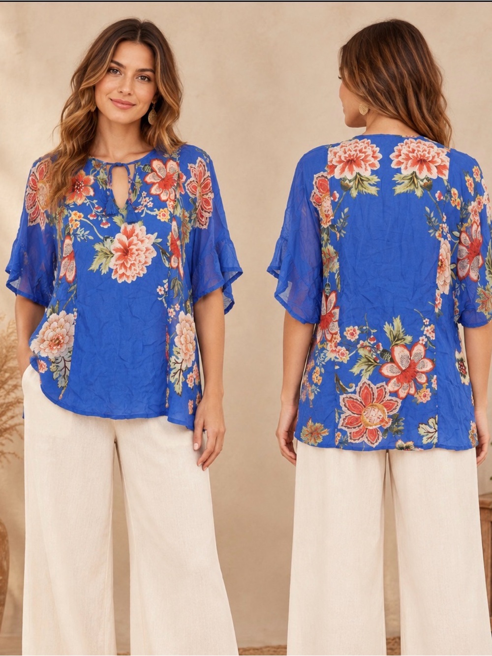 Johnny Was Royal Blue Floral Keyhole Flutter Sleeve Blouse (232356) 🌼 🦋